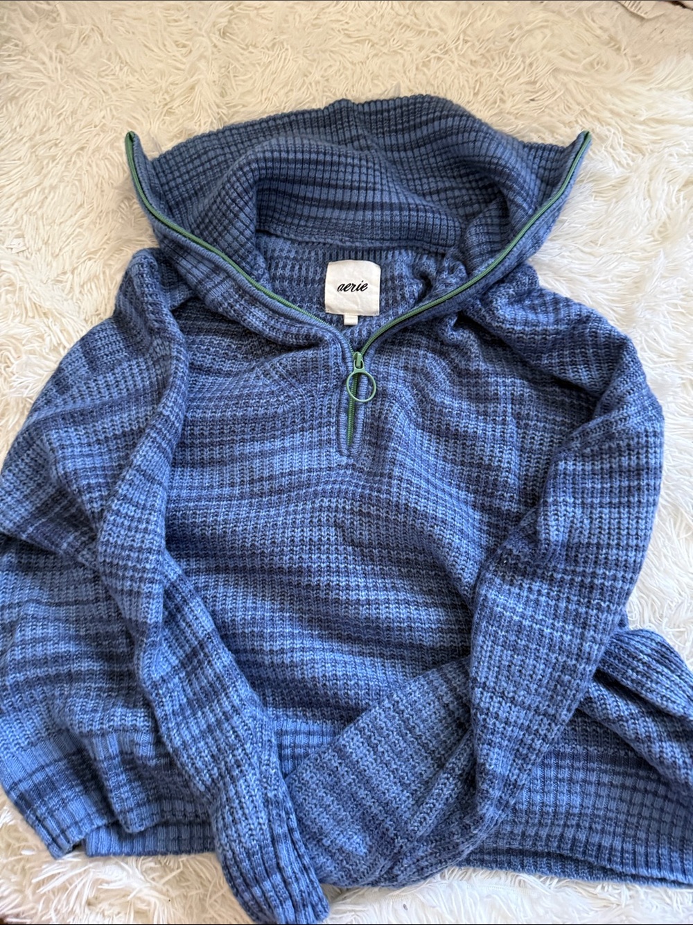 aerie Blue Hooded Half-Zip Sweater with Green Trim